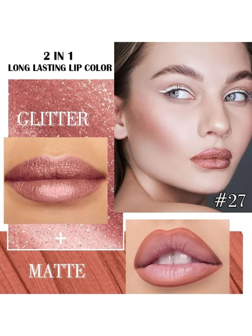 Women 27# Nude Gold-Glitter 2-in-1 Metallic Long Lasting Lipstick And Lip Liner